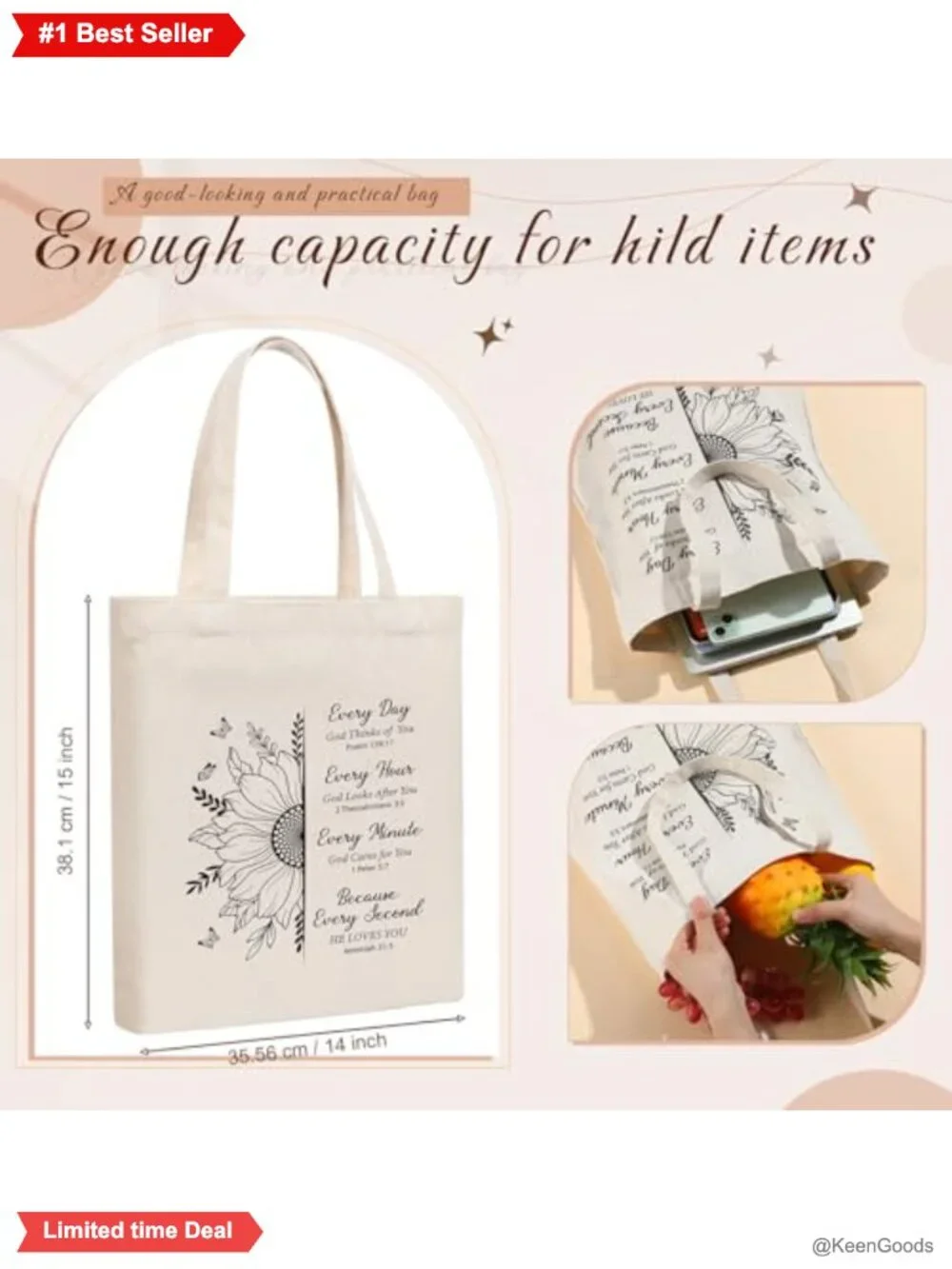Canvas Christian Tote Bags 6 Pc Floral Bible Verse Reusable Shopping